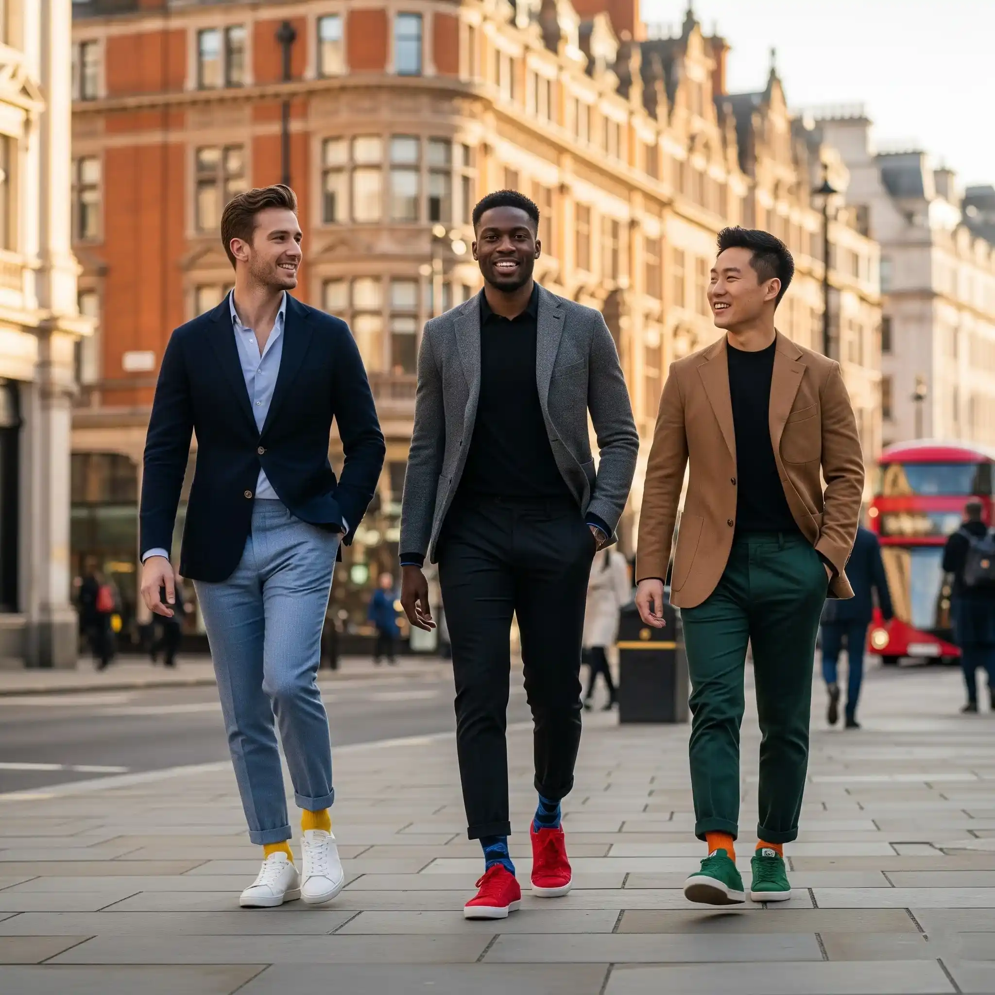 Tiga pria di London memakai blazer, celana panjang rapi, kaus kaki berwarna cerah dan sneakers berani.