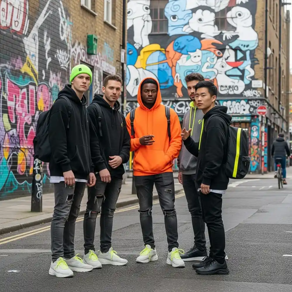Sekelompok pria beragam di Shoreditch memakai hoodie besar, jeans robek, sepatu trainers chunky dan detail neon.