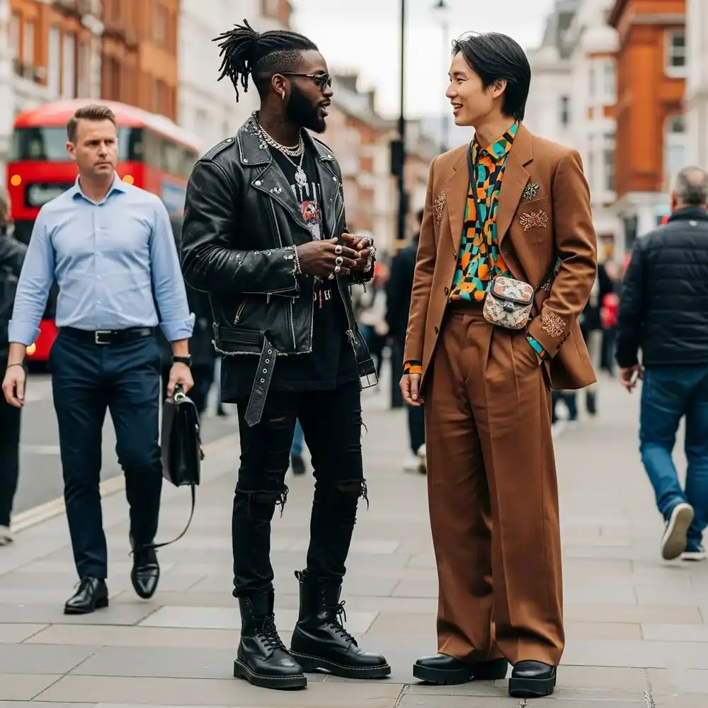 Pria dengan gaya Camden dan Soho: jaket kulit dan sepatu bot, motif retro dengan sentuhan avant-garde.