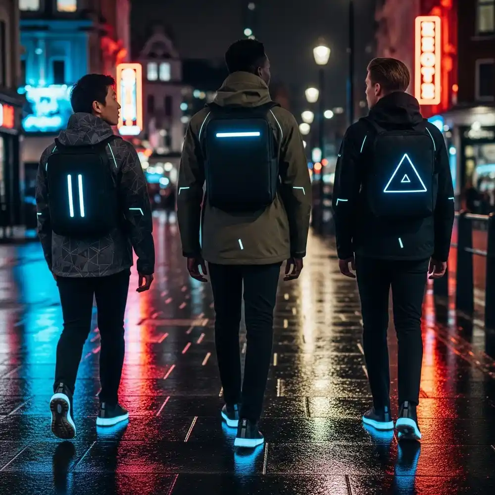 Pria dengan techwear futuristik London memakai jaket reflektif dan ransel pintar.