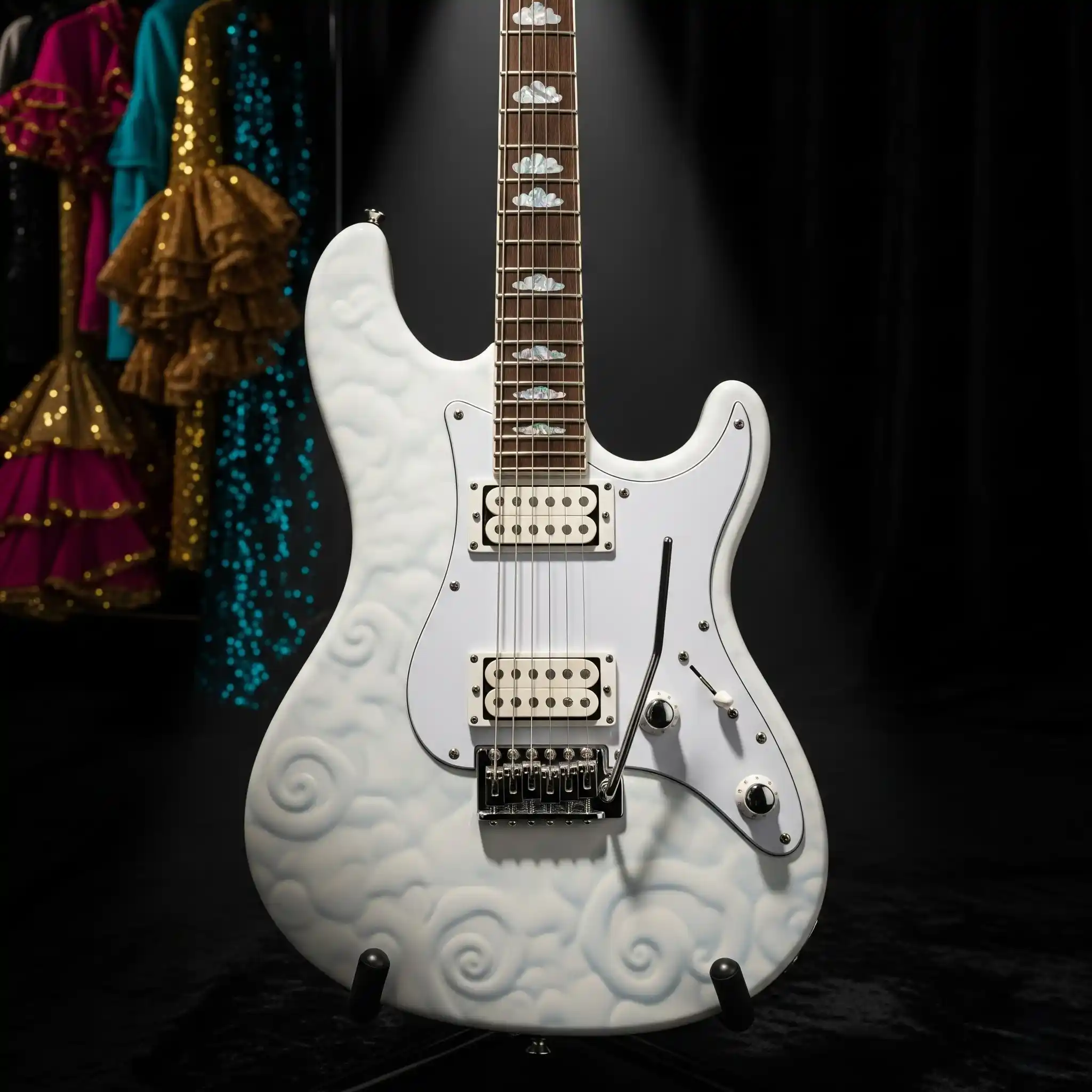 A close-up of a uniquely shaped white electric guitar on a stand, with flamboyant outfits blurred in the background.