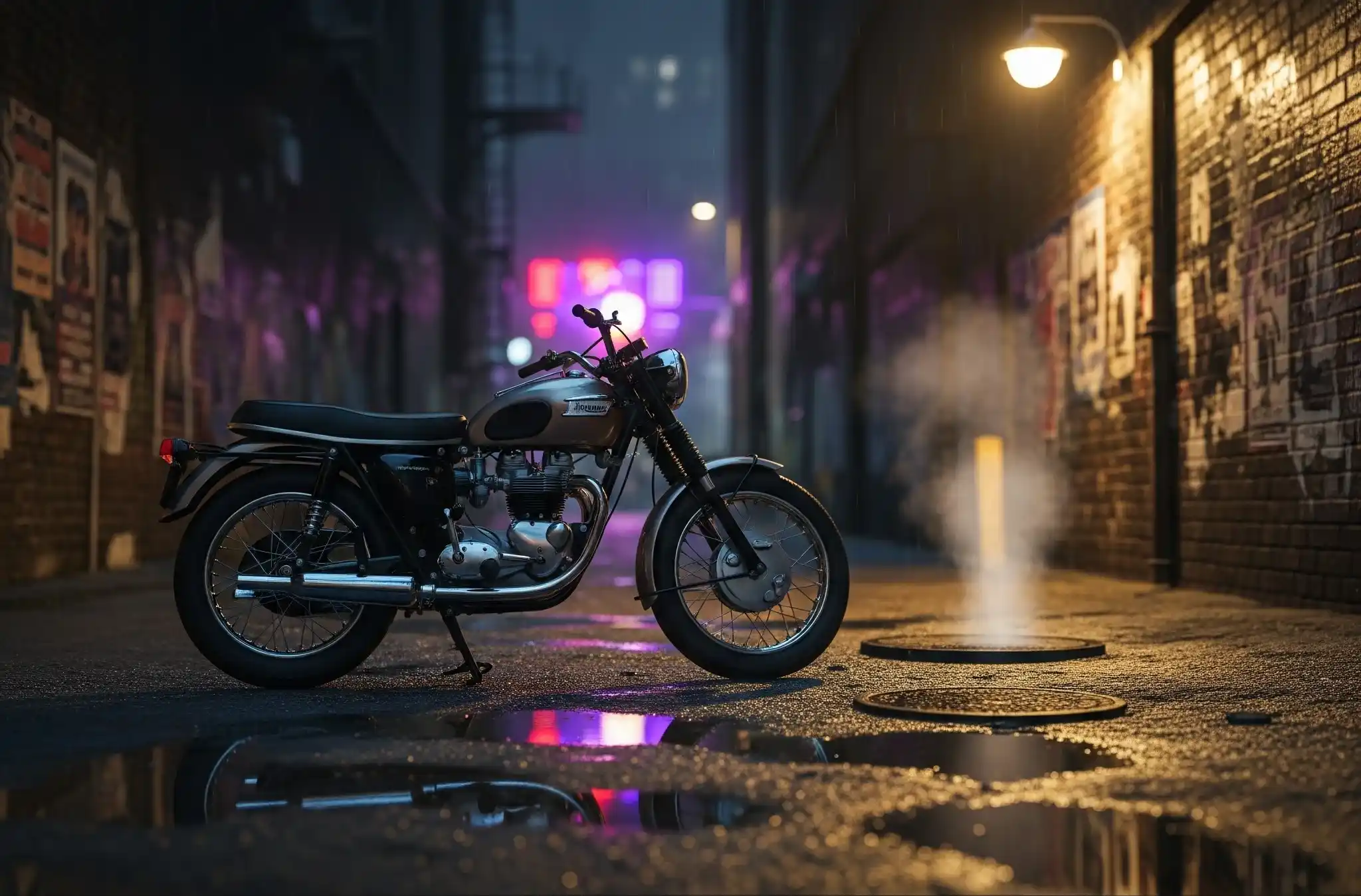 A motorcycle parked in a wet, neon-lit alley at night, with purple and red light reflections in the puddles.