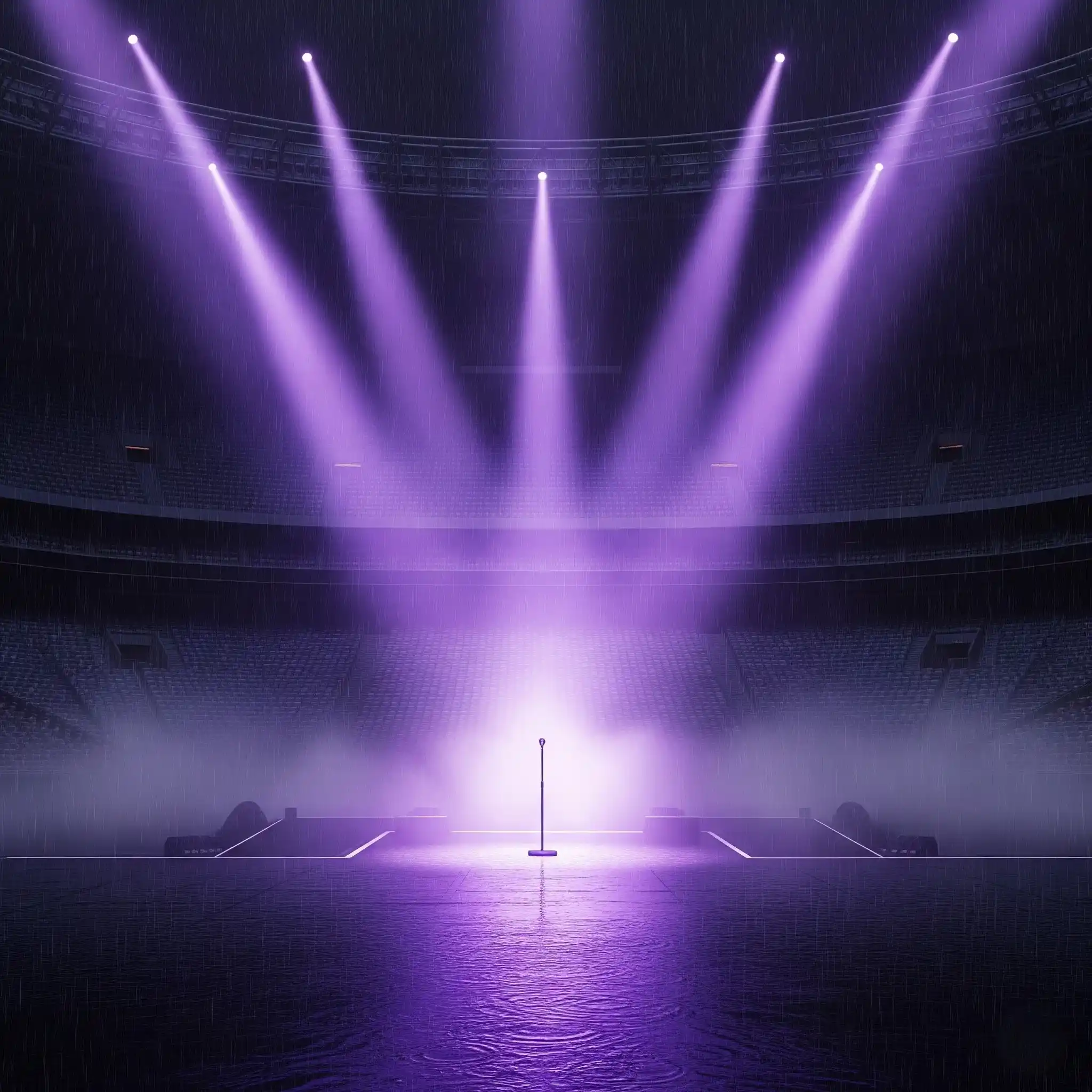 An empty stadium stage in the pouring rain, illuminated by dramatic purple spotlights.
