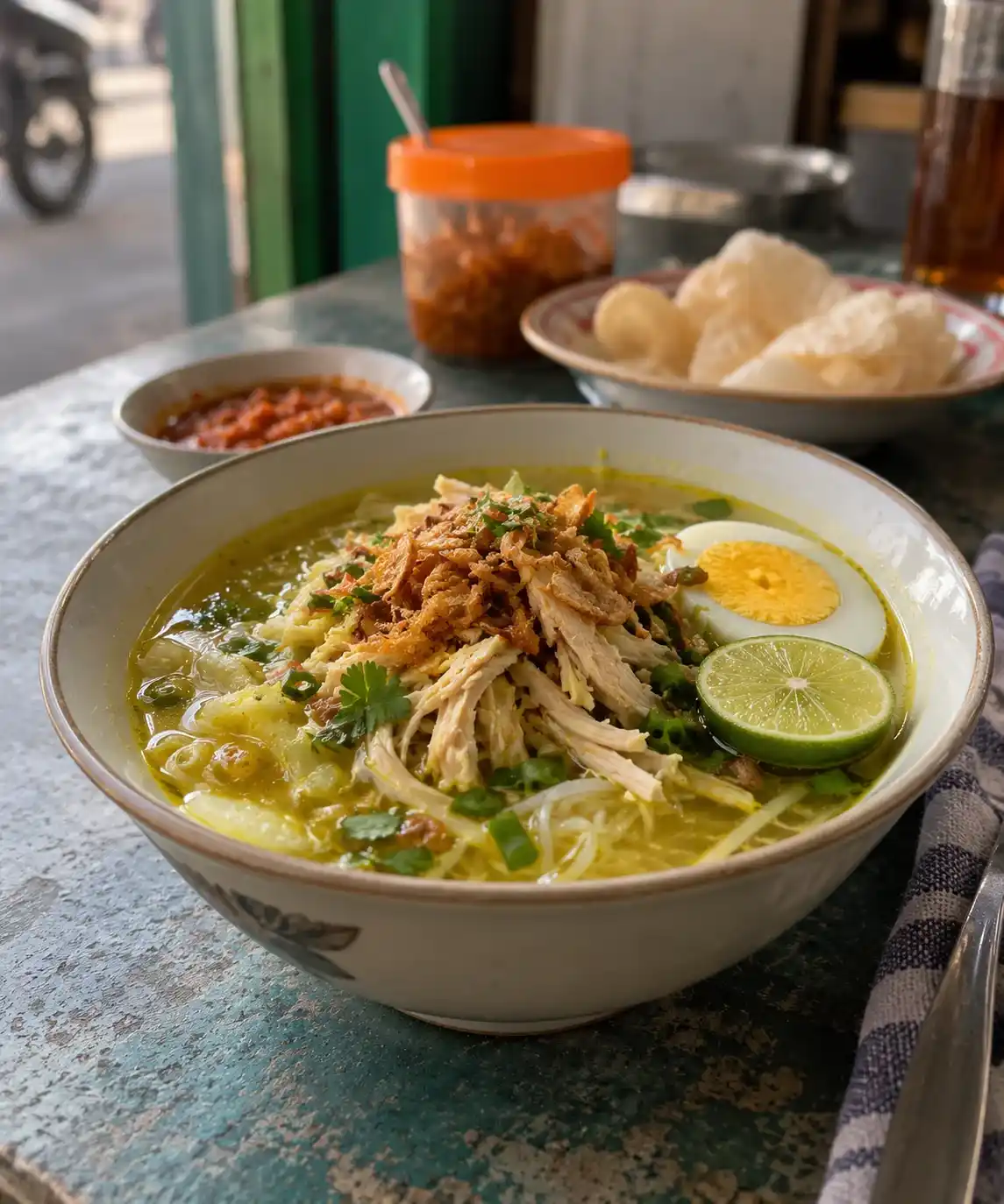 Soto ayam berkuah kunyit dengan ayam suwir, bihun, bawang goreng, telur dan jeruk nipis, ditemani sambal dan kerupuk.