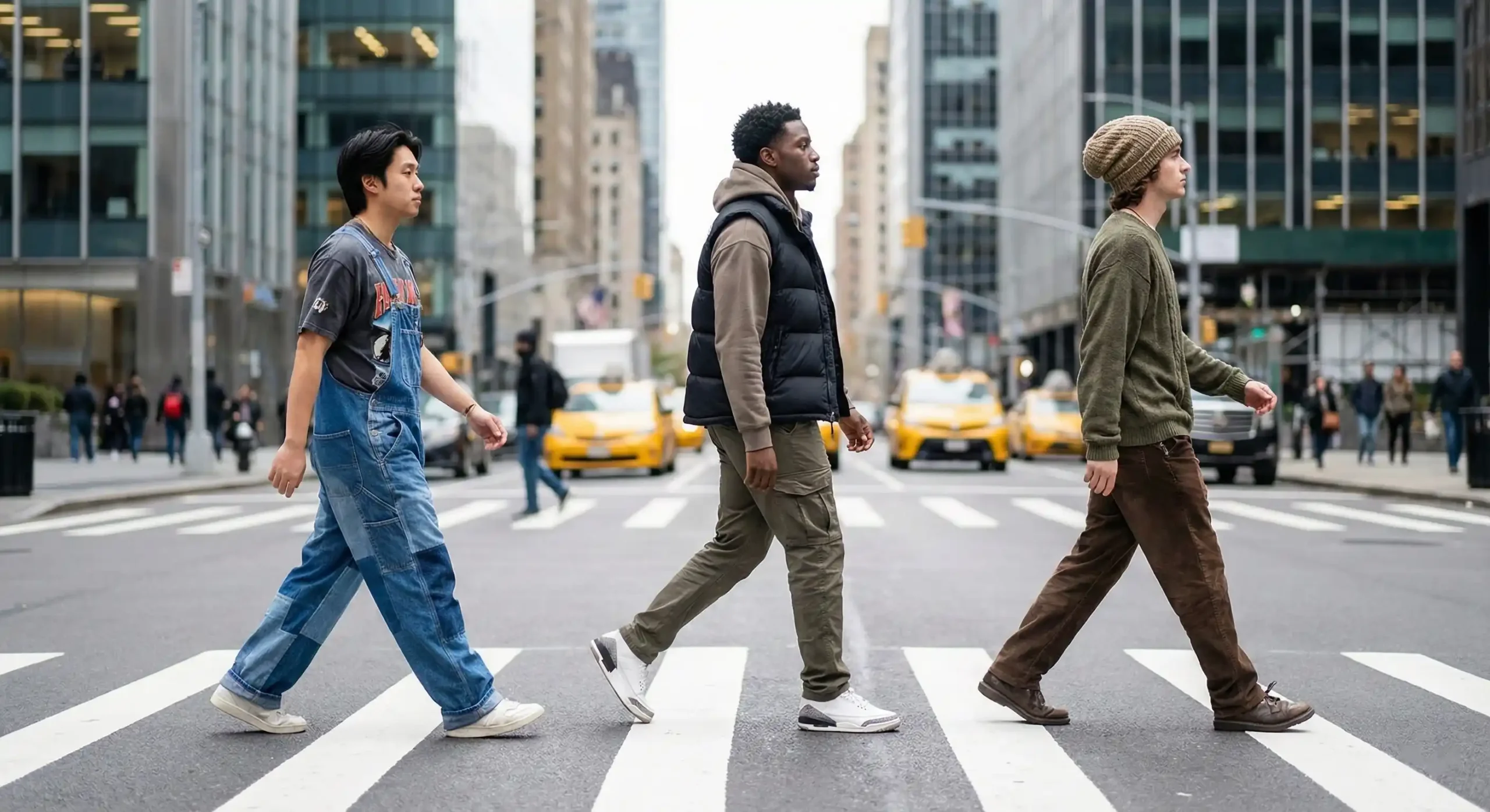 Pria Gen Z dari latar belakang berbeda berjalan di kota dengan fashion modern.
