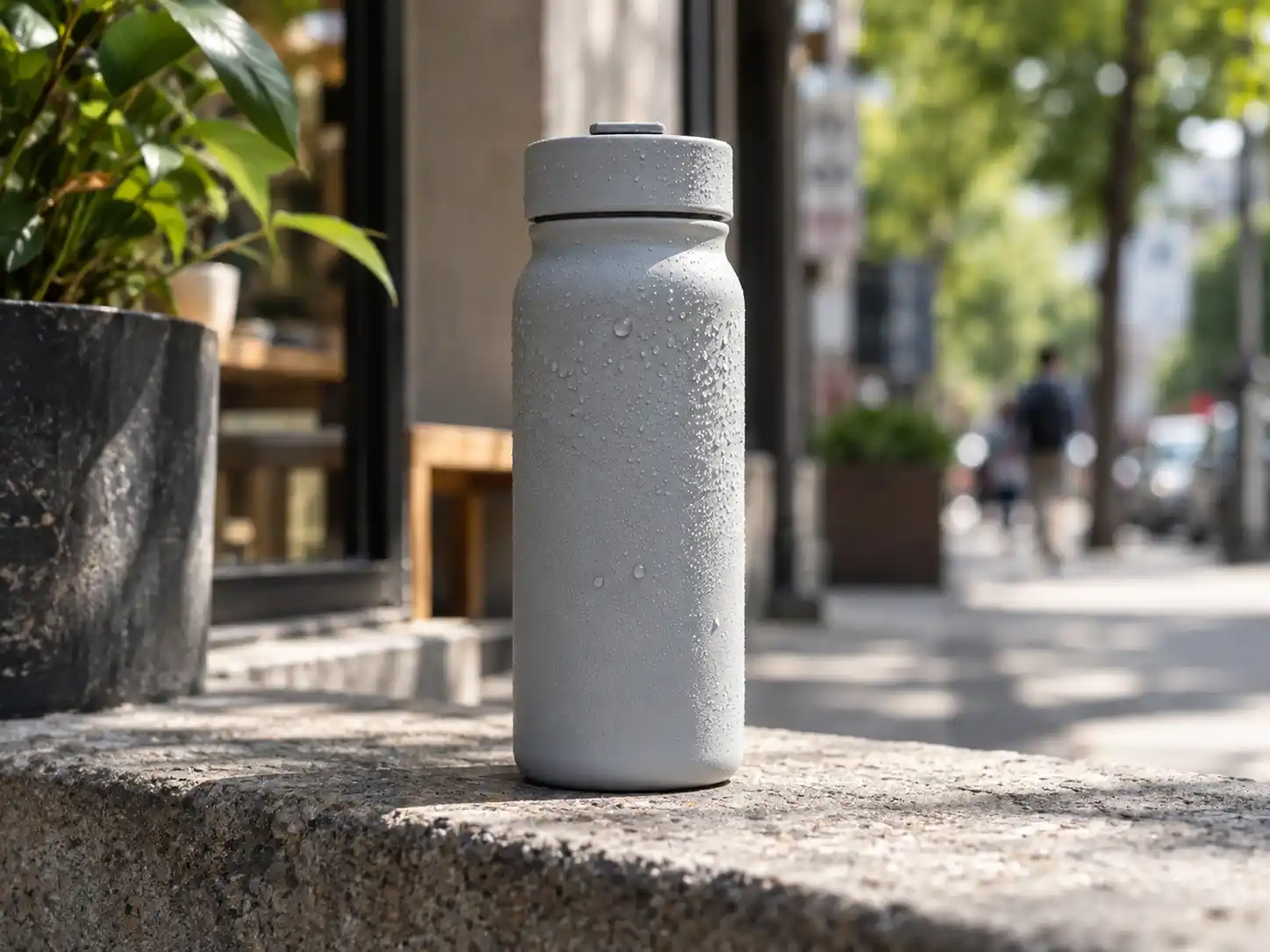 A drink resting untouched in daylight, with condensation forming on the surface.