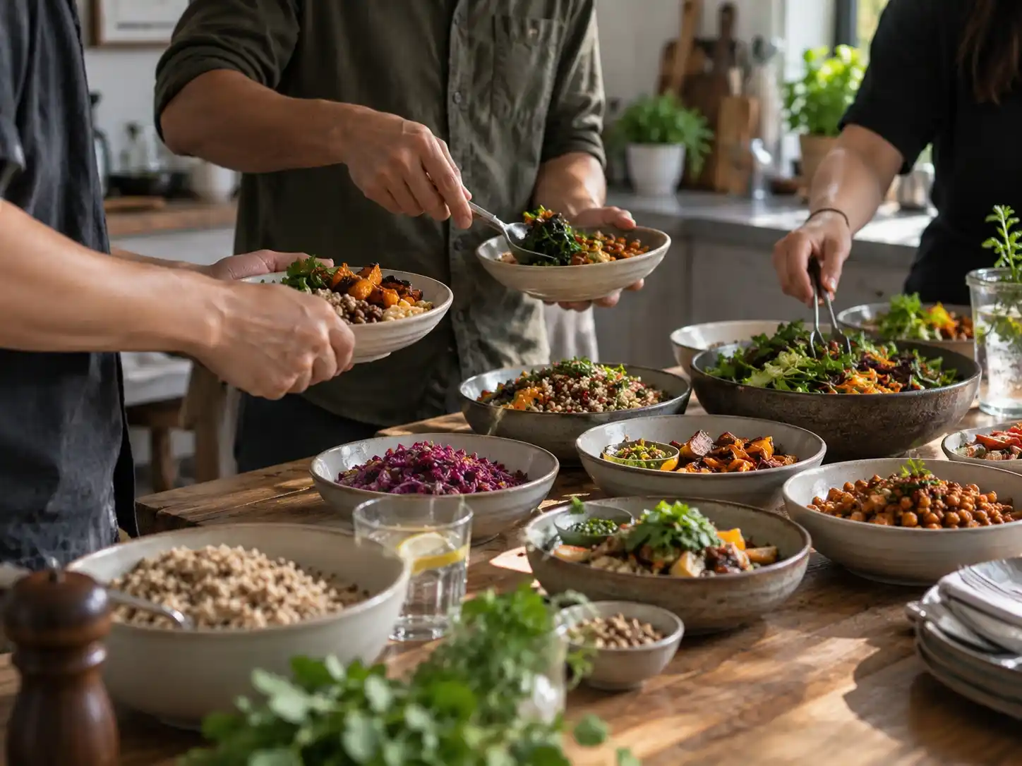 Plant-forward dishes with grains and vegetables prepared naturally in daylight.