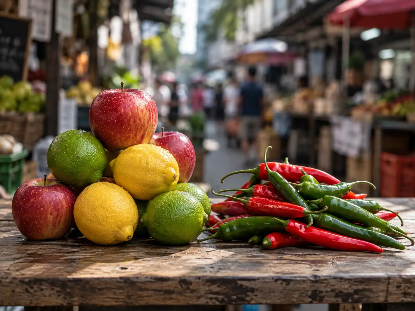 Fresh fruit and chilies placed side by side in daylight.