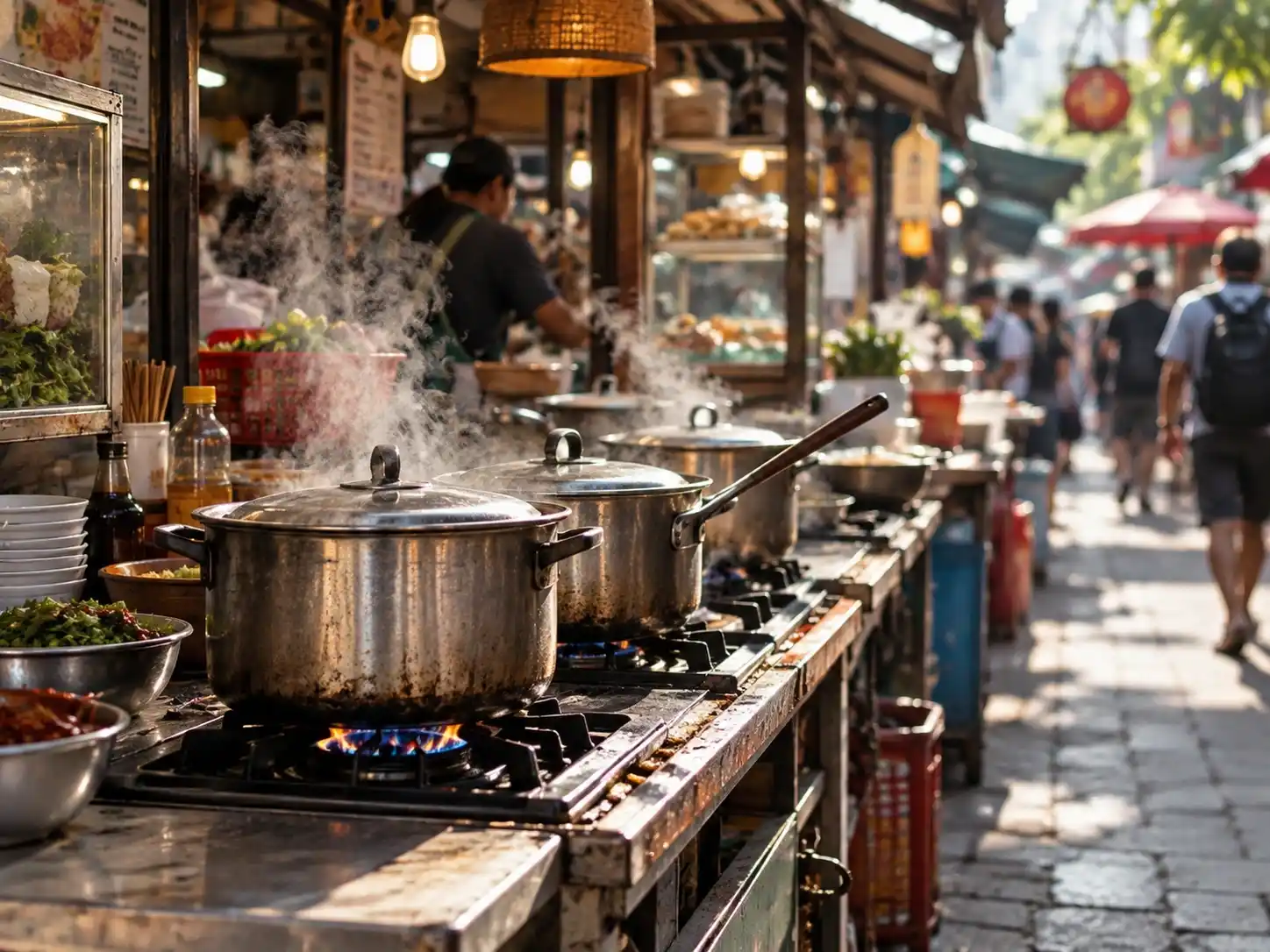 Open-air cooking setups in daylight using simple, colourful equipment.