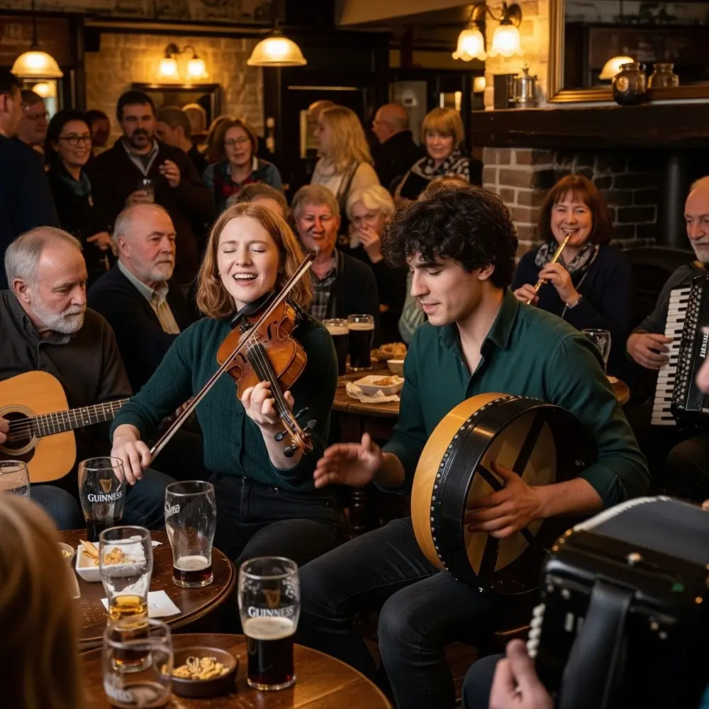 Musisi muda memainkan fiddle dan bodhrán bersama pemain senior di Dublin pub session.