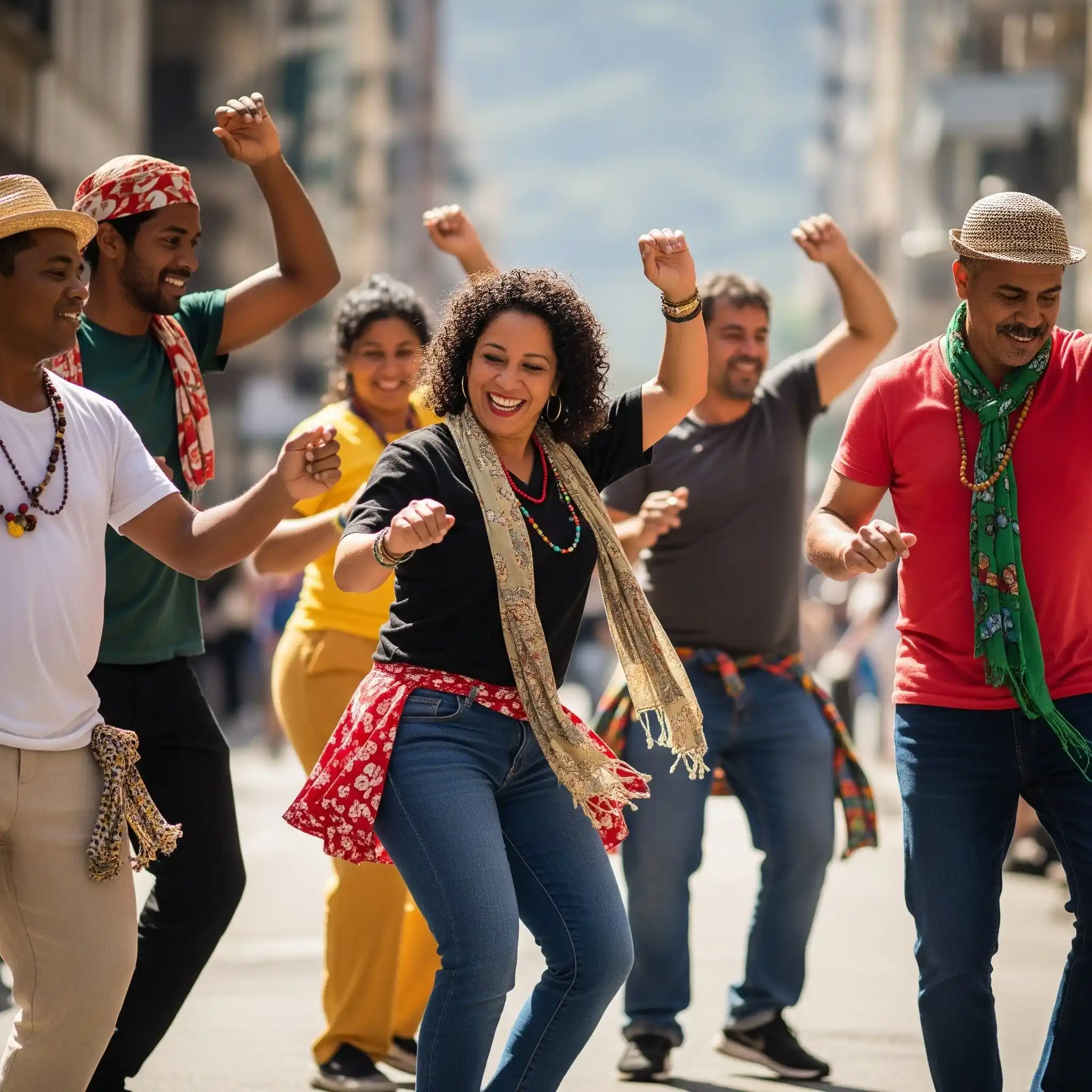 Group of people dancing Samba in a Rio street.