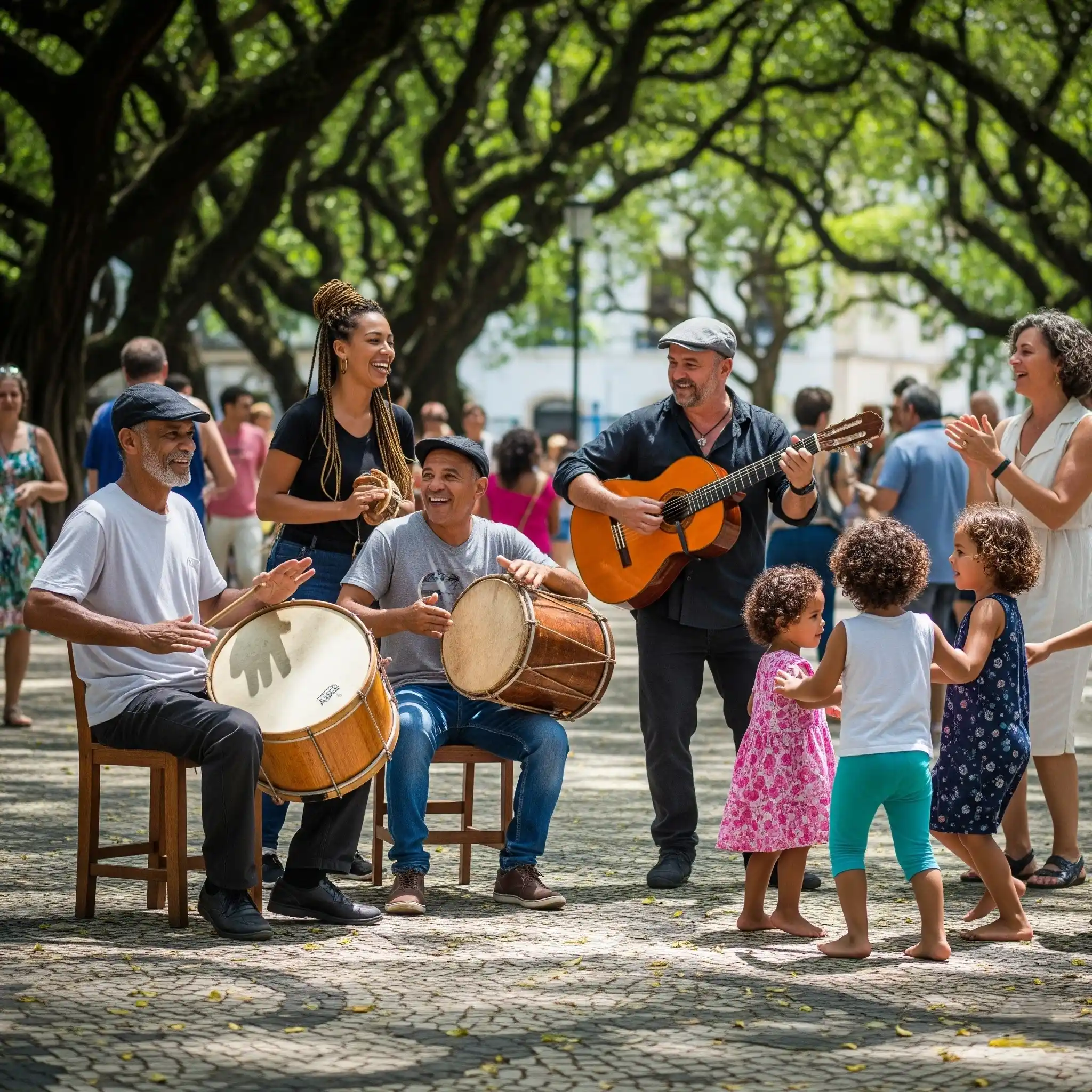Musicians of different ages playing Samba in a Rio square.