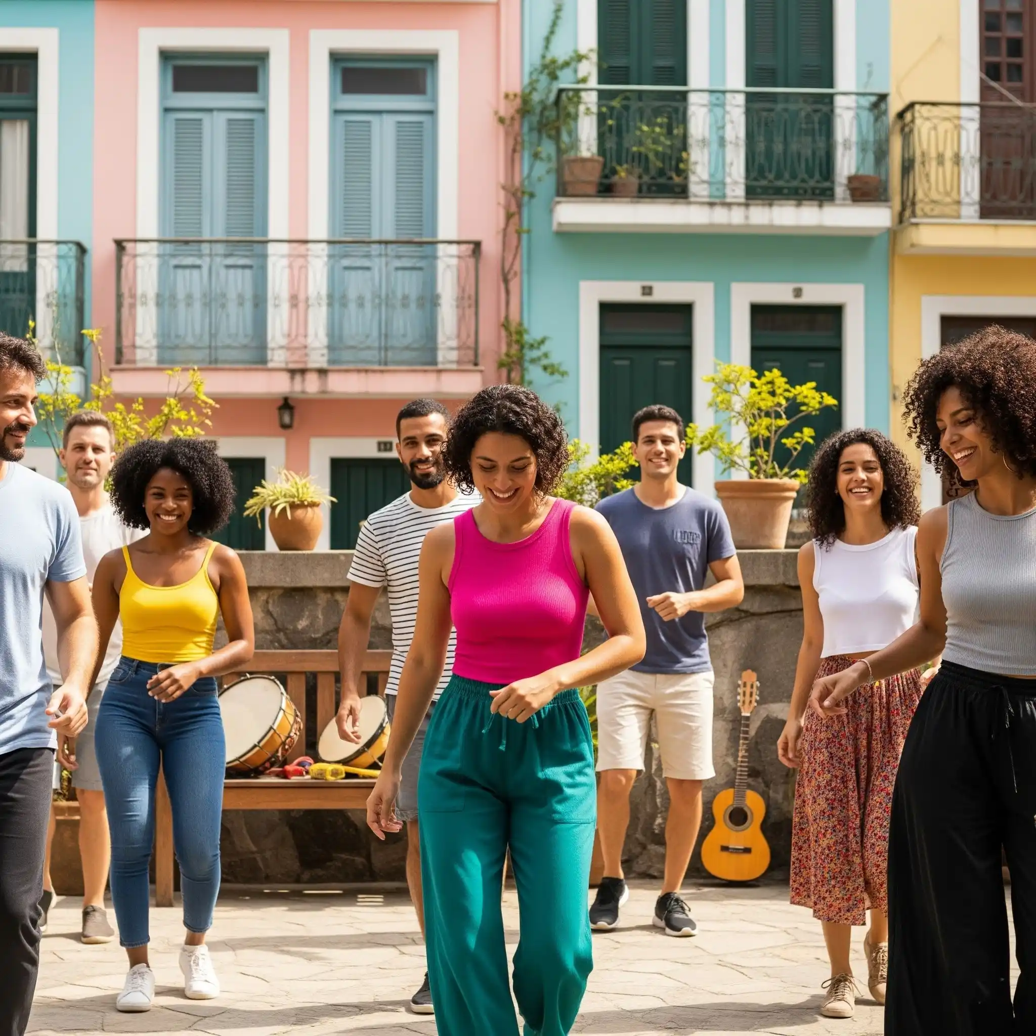 Friends practising Samba dance steps in a Rio courtyard.
