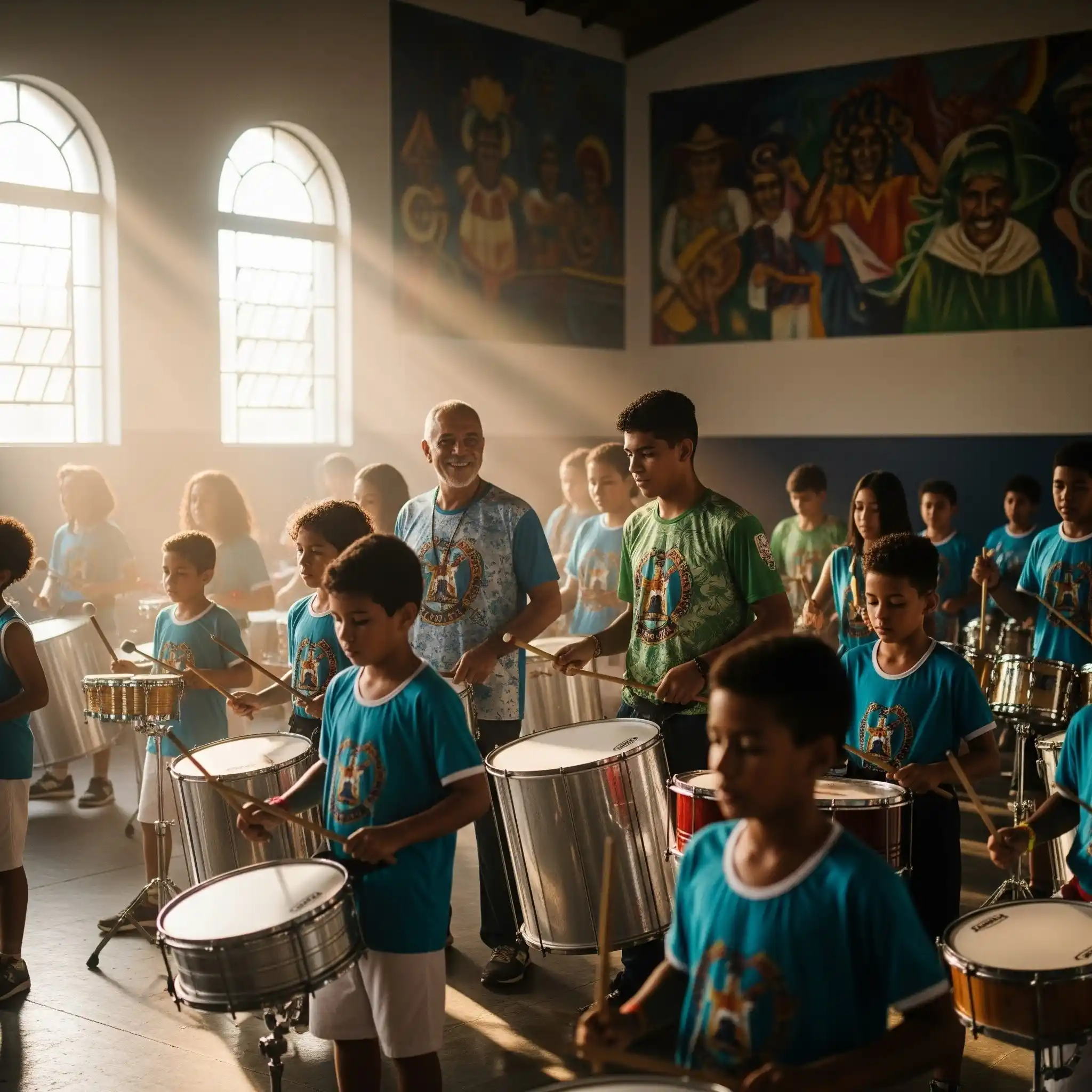 Young students learning Samba rhythms in a community hall.
