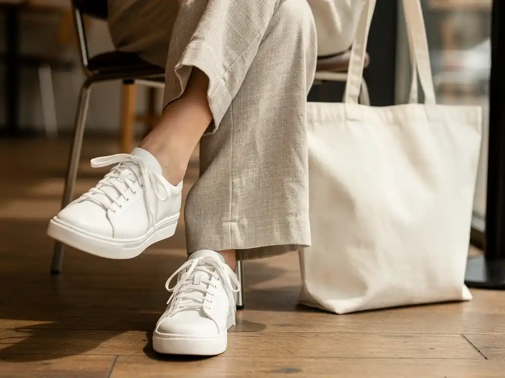 Vintage sneakers and casual trousers in coffee shop fashion.