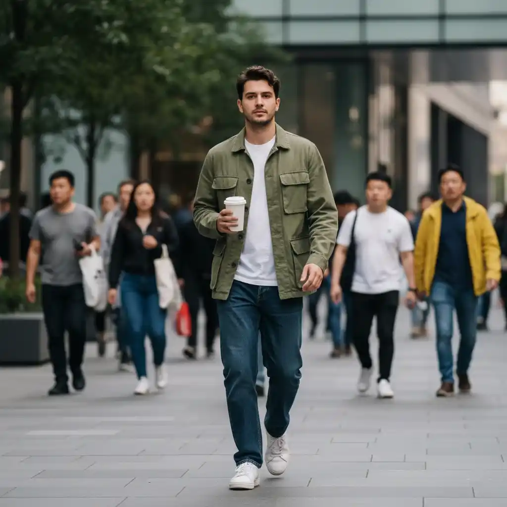 Gen Z man walking through the city with takeaway coffee.
