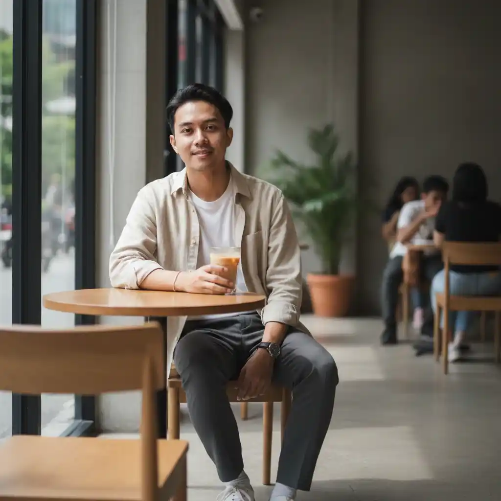 Pria Gen Z memegang kopi dingin di kafe modern pada siang hari.