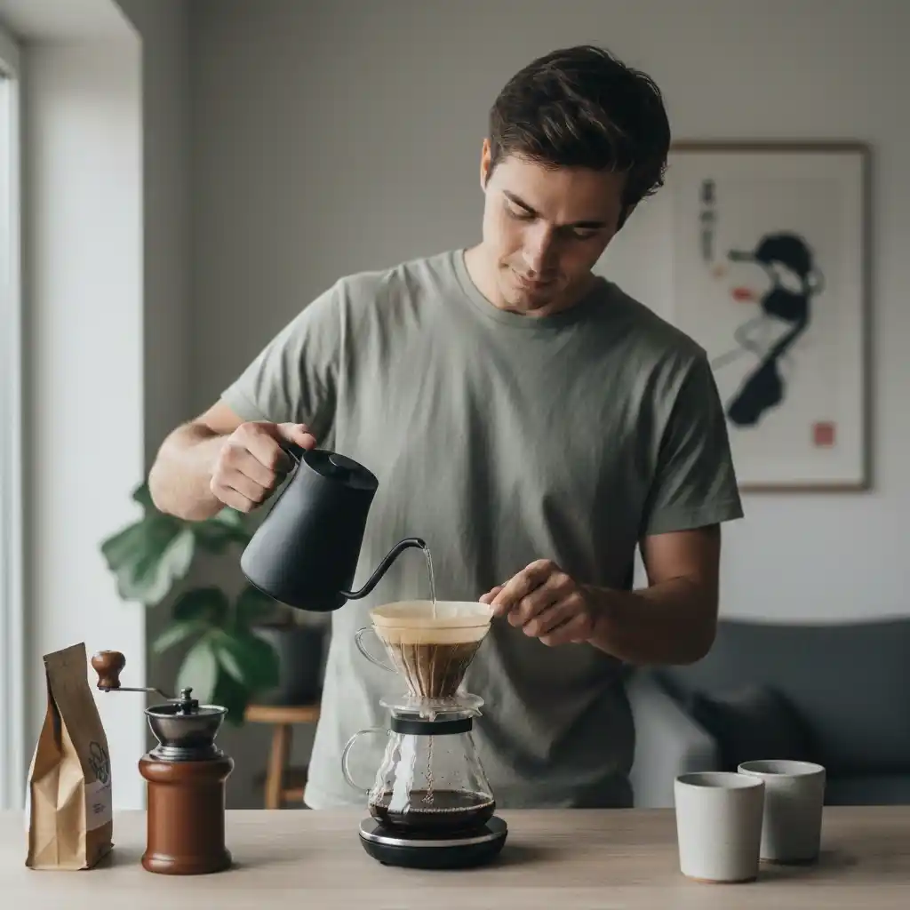 Gen Z man preparing coffee at home in daylight.
