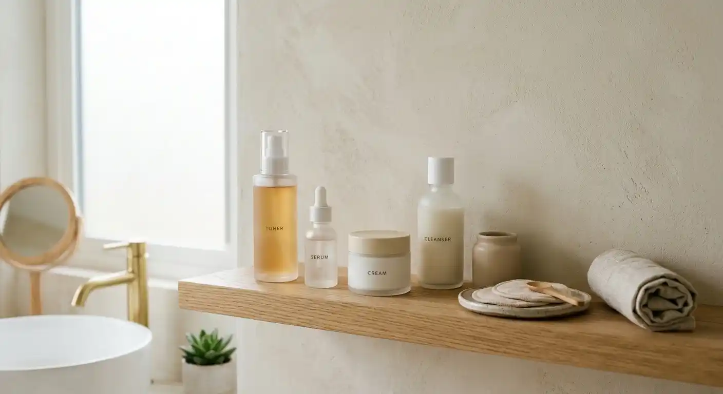Minimal skincare products on a bathroom shelf inspired by Korean routines.