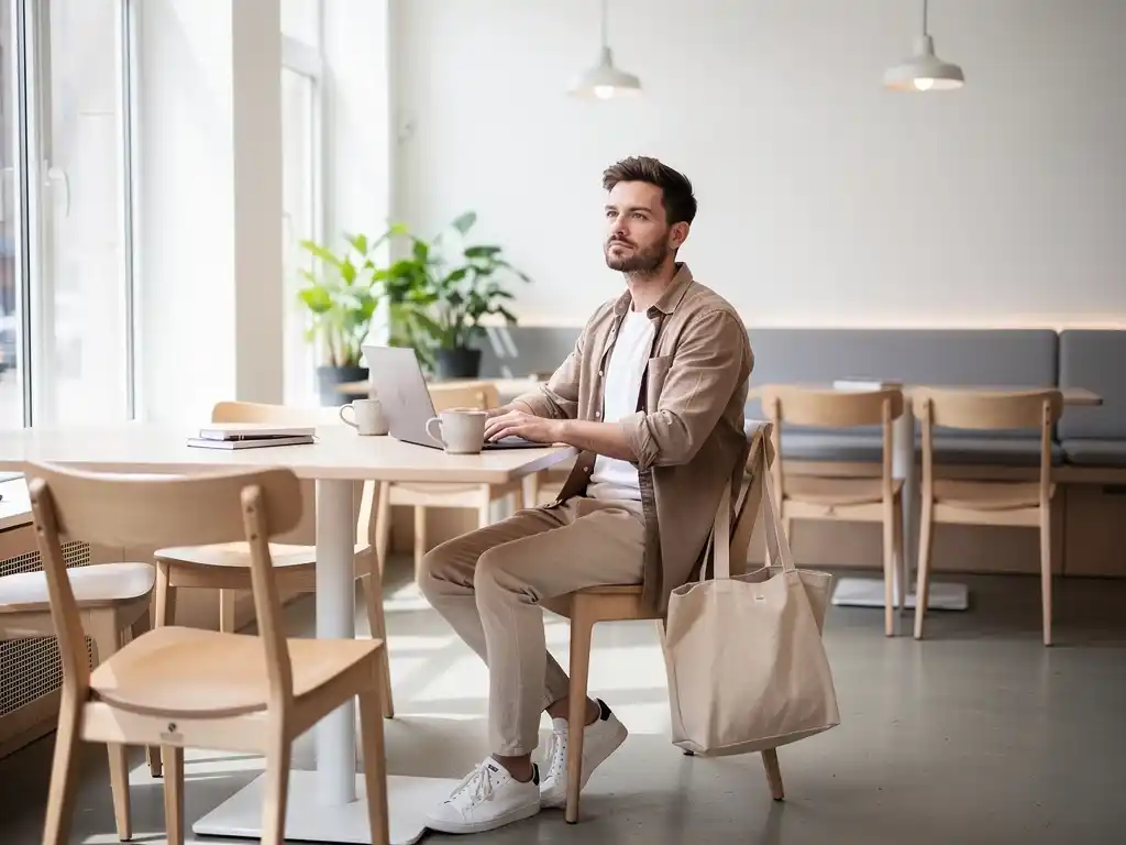 Layered casual outfit in a modern coffee shop setting.