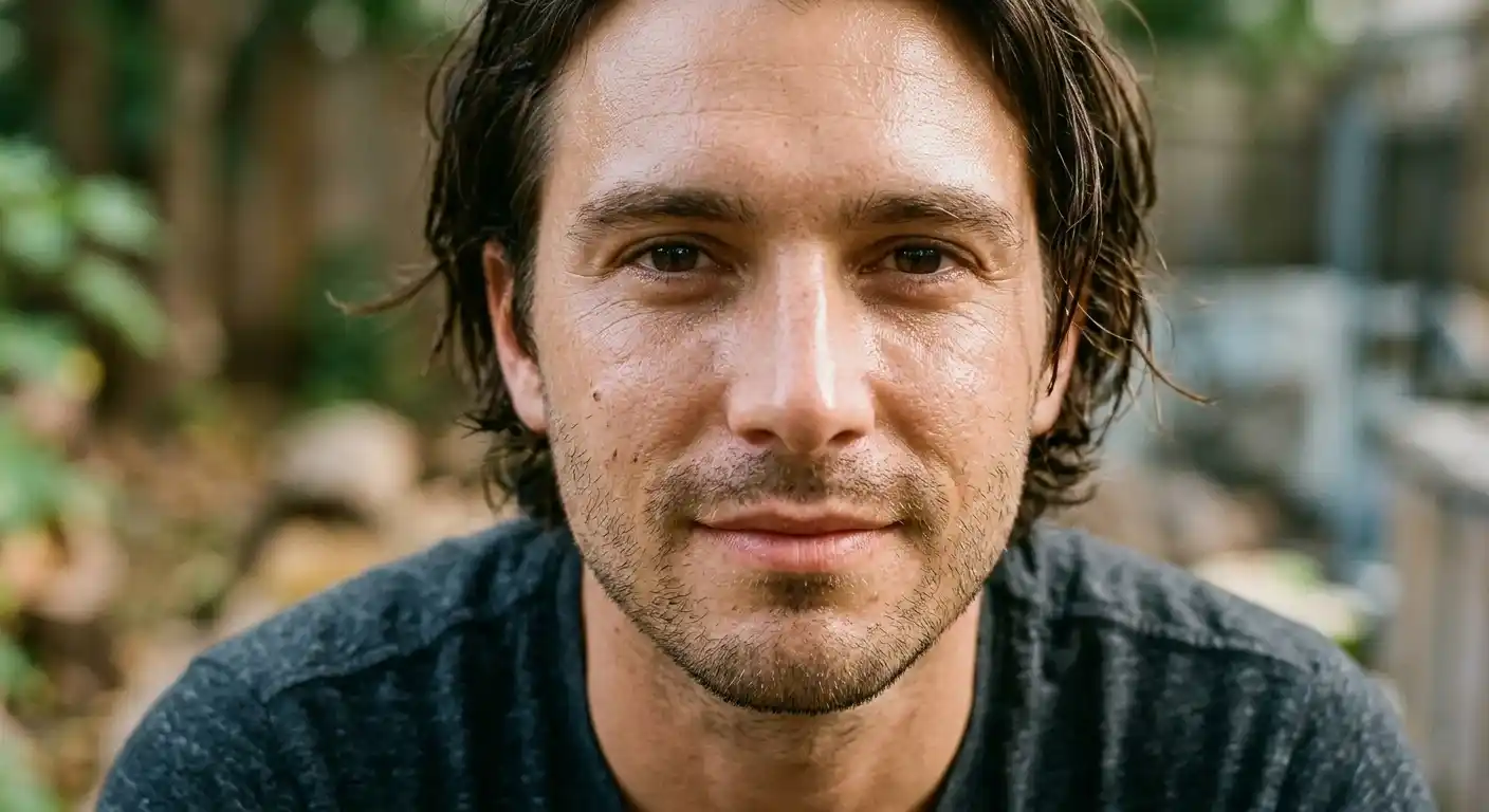 Close-up of a man’s face with natural skin texture and slight shine.