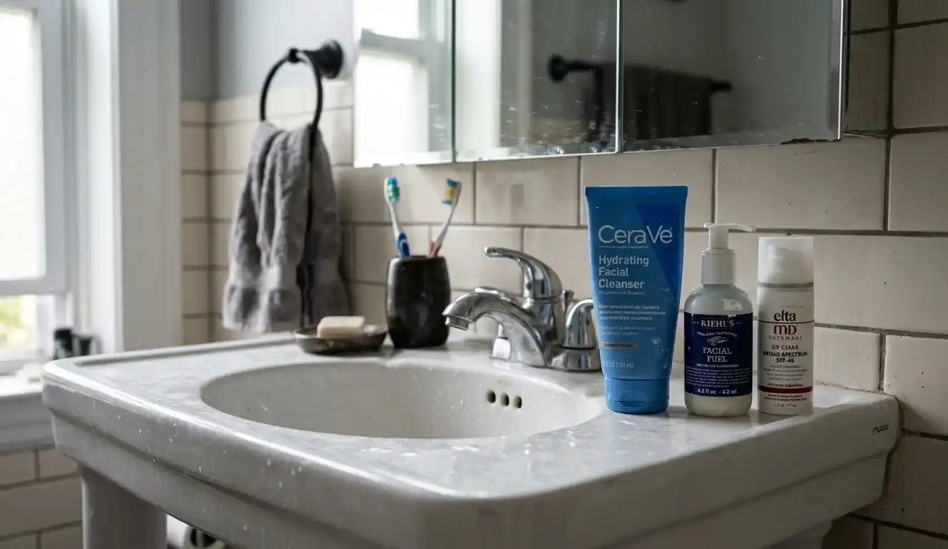 Basic men’s skincare products on a bathroom sink.