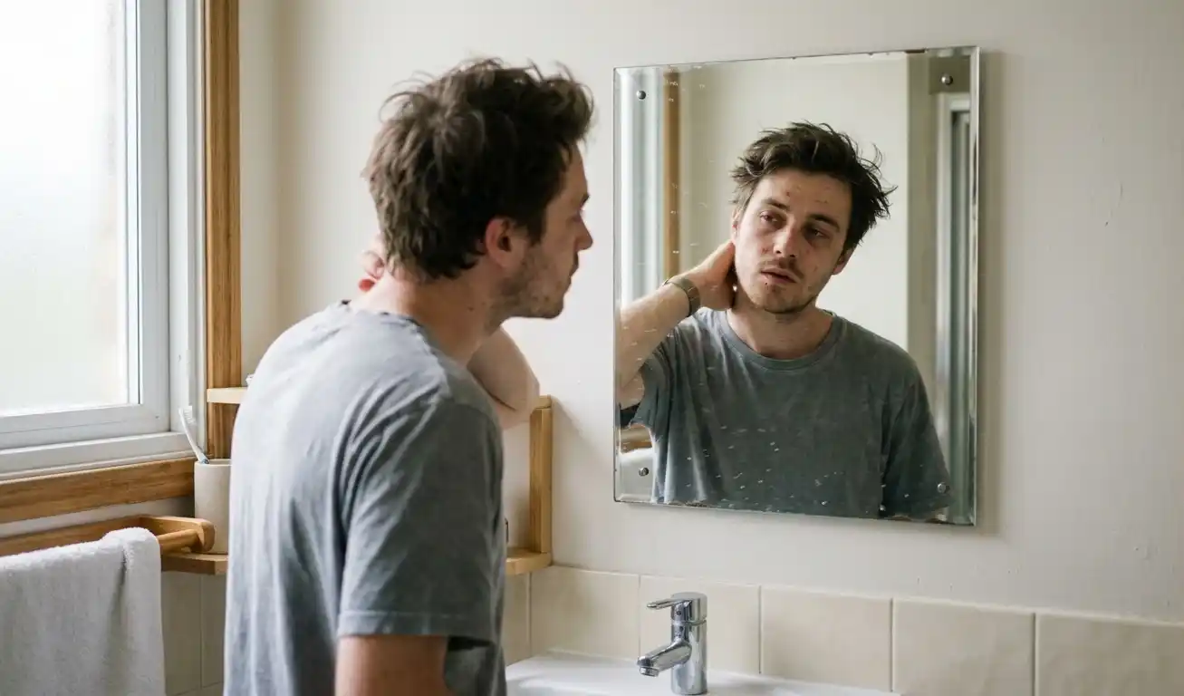 Man looking at his face in a bathroom mirror in soft morning light.