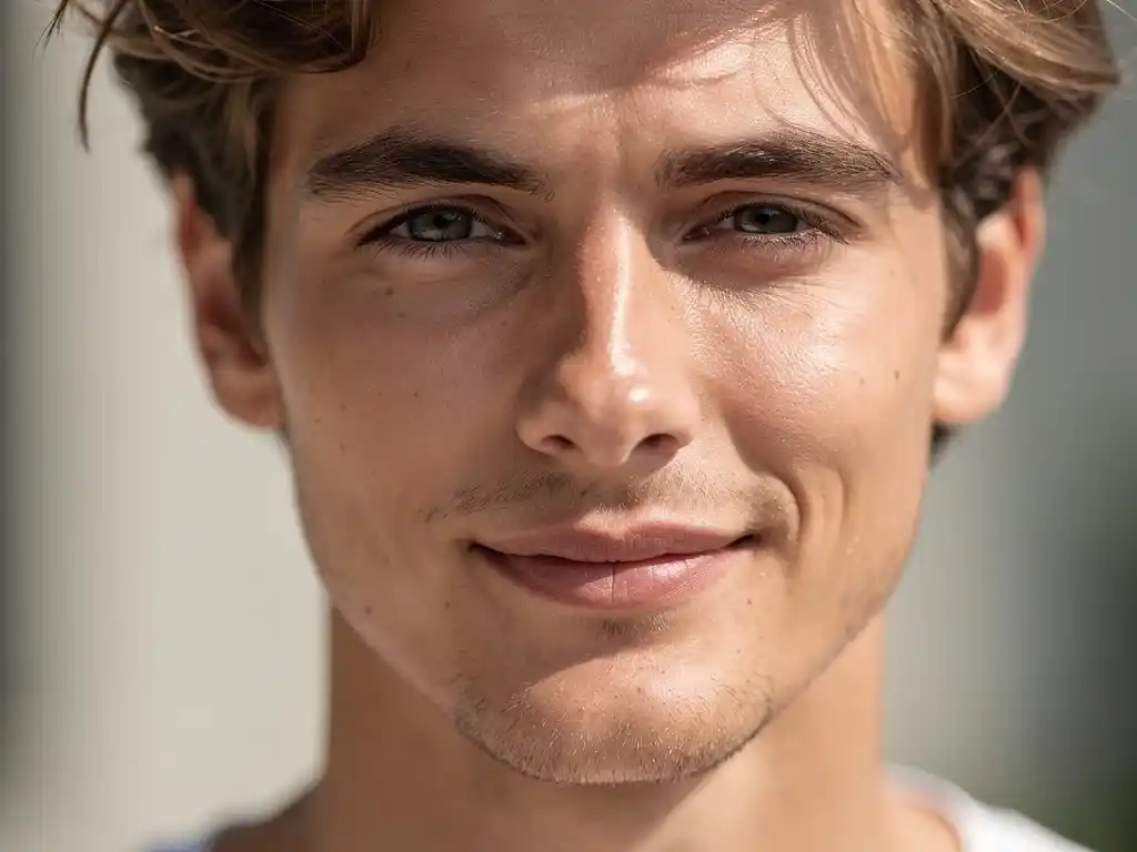 Man with clear natural skin in soft daylight.