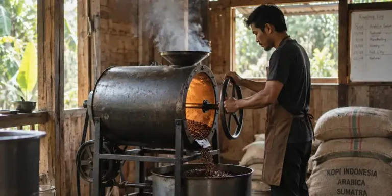 Seorang pria sedang menyangrai biji kopi menggunakan mesin sangrai drum di sebuah tempat pemanggangan kopi sederhana, dengan asap mengepul dan biji kopi matang ditampung dalam wadah bambu.