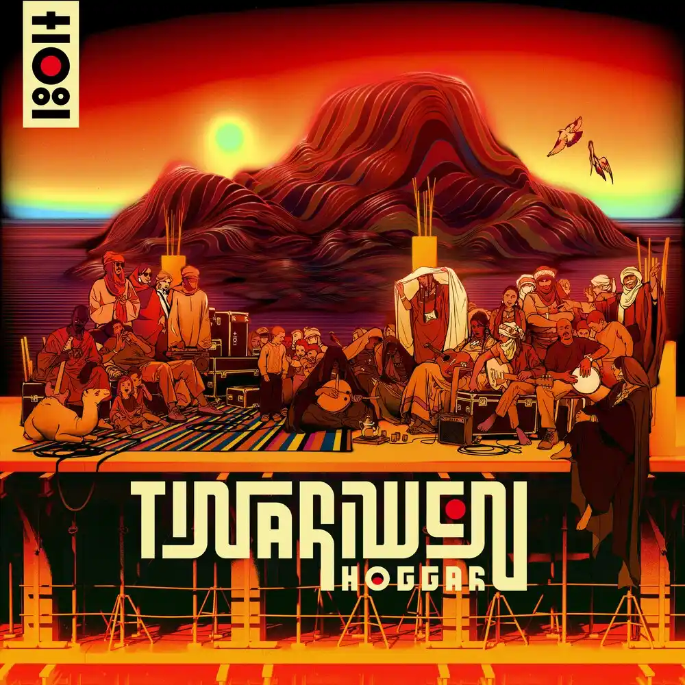 Artwork of the album Hoggar by Tinariwen featuring a stylised desert scene with Tuareg musicians and mountains..