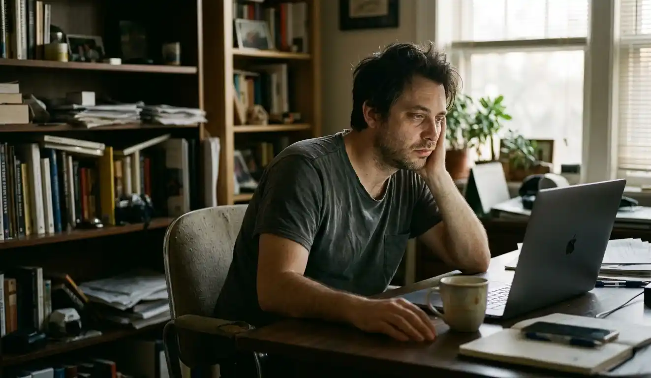 Tired man sitting at a desk with heavy eyes in soft afternoon light.