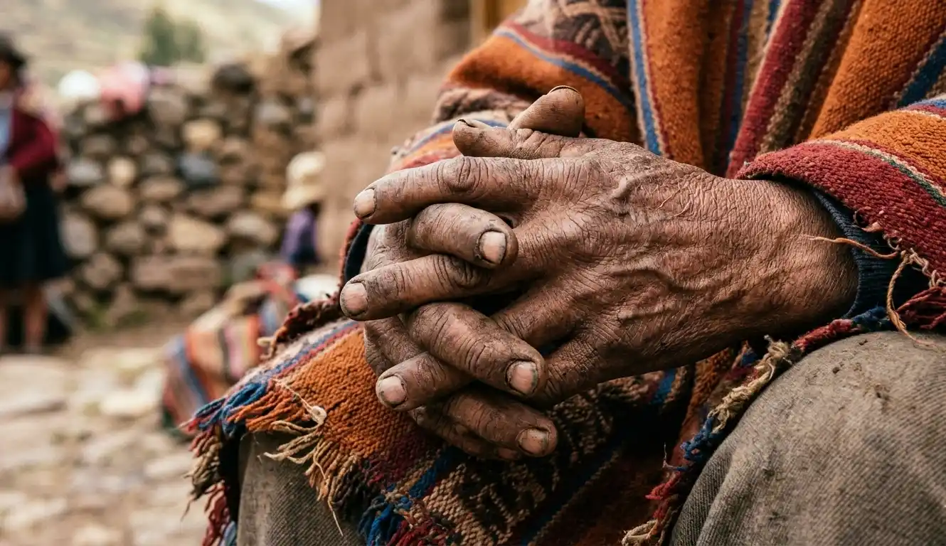 Close-up of weathered hands of an Andean farmer with natural textures and light.
