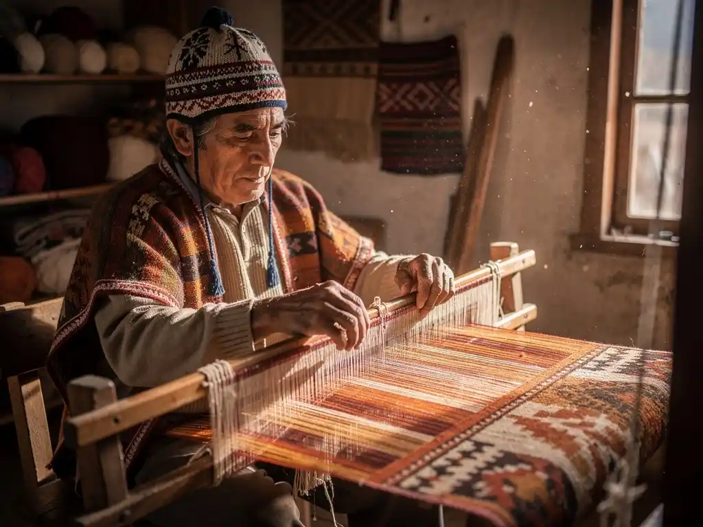 Andean man weaving textile on a loom.