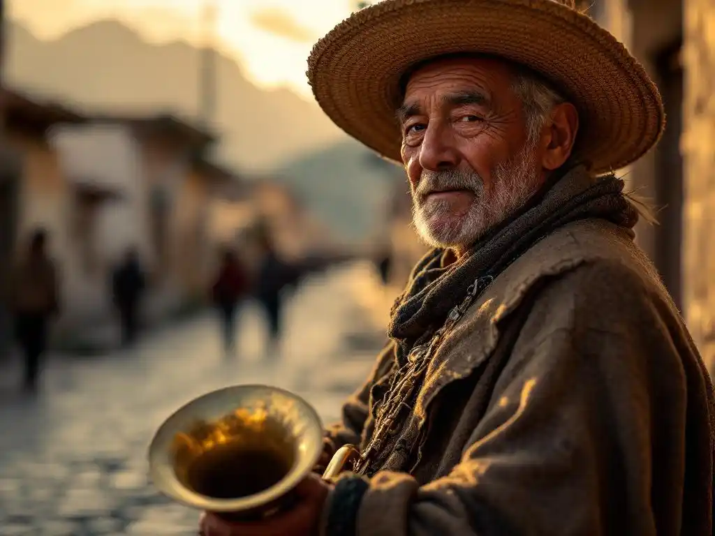 Andean musician with a brass instrument at dusk in a high-altitude town in Peru.