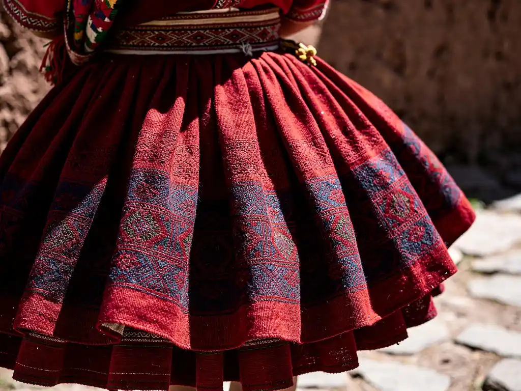 Close-up of colourful Andean clothing with detailed woven patterns in red and blue.