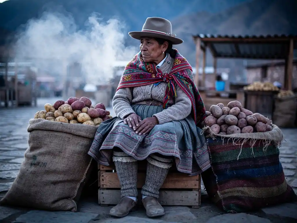 Andean woman sitting alone at a potato stall in a high-altitude market in Peru.