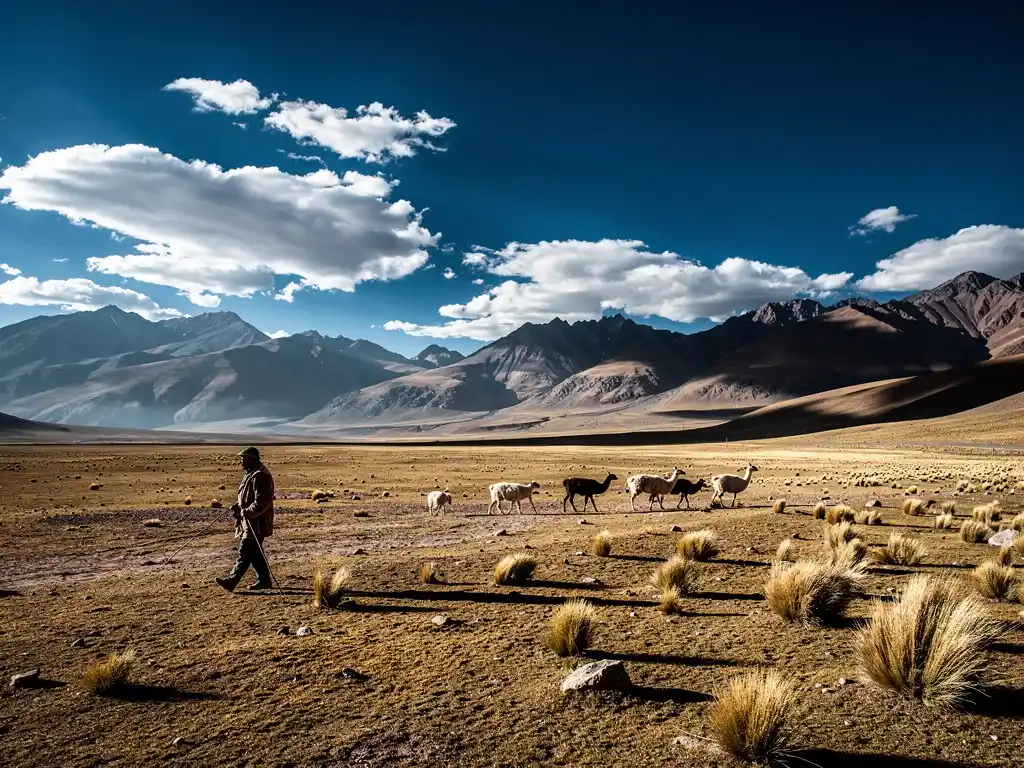 Person walking across a high-altitude Andean landscape under strong sunlight.