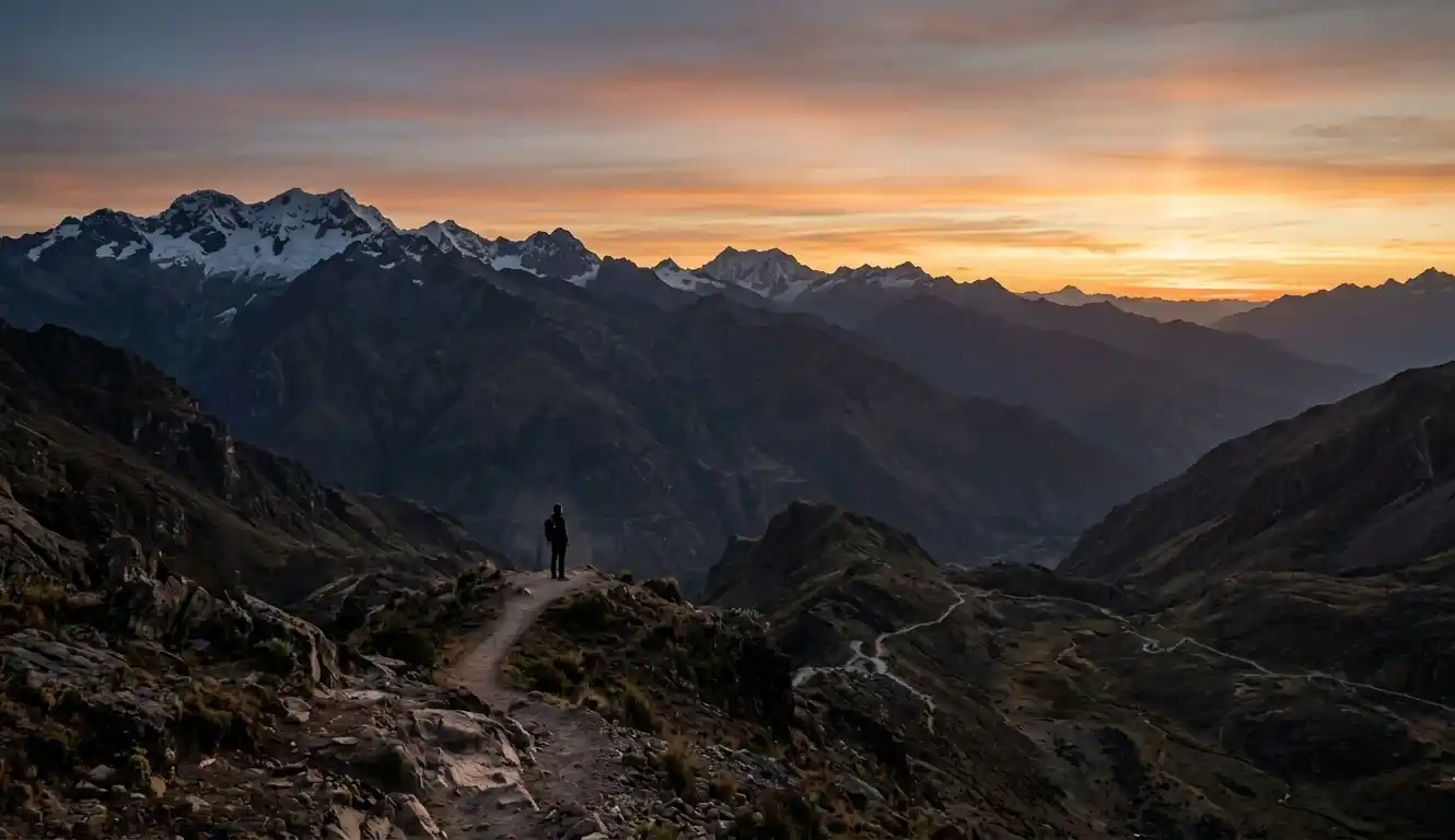 Silhouette of a person in a vast Andean mountain landscape at sunset.