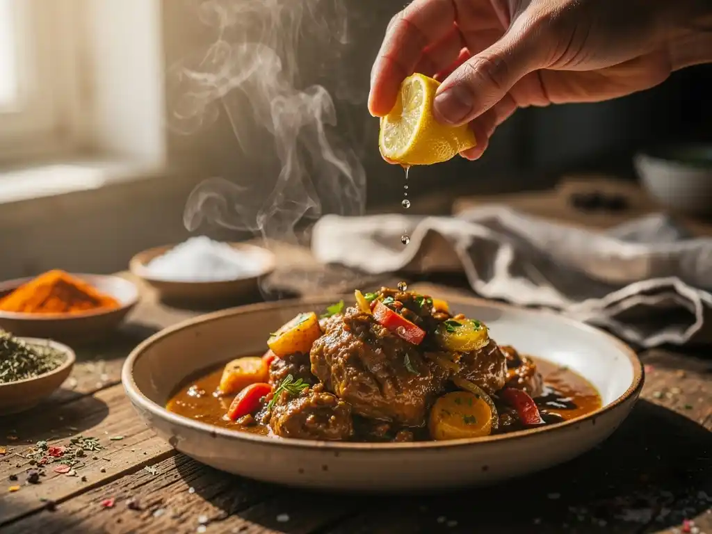 Hand squeezing lemon over a plated dish to enhance flavour balance with salt, fat and acidity.