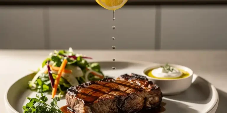 Lemon juice being squeezed over grilled meat with fresh herbs and yoghurt on the side, showing how acidity balances rich food.