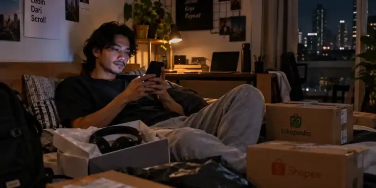 Seorang pria duduk santai di kamar pada malam hari sambil berbelanja lewat smartphone, dikelilingi paket belanja online dan headset.