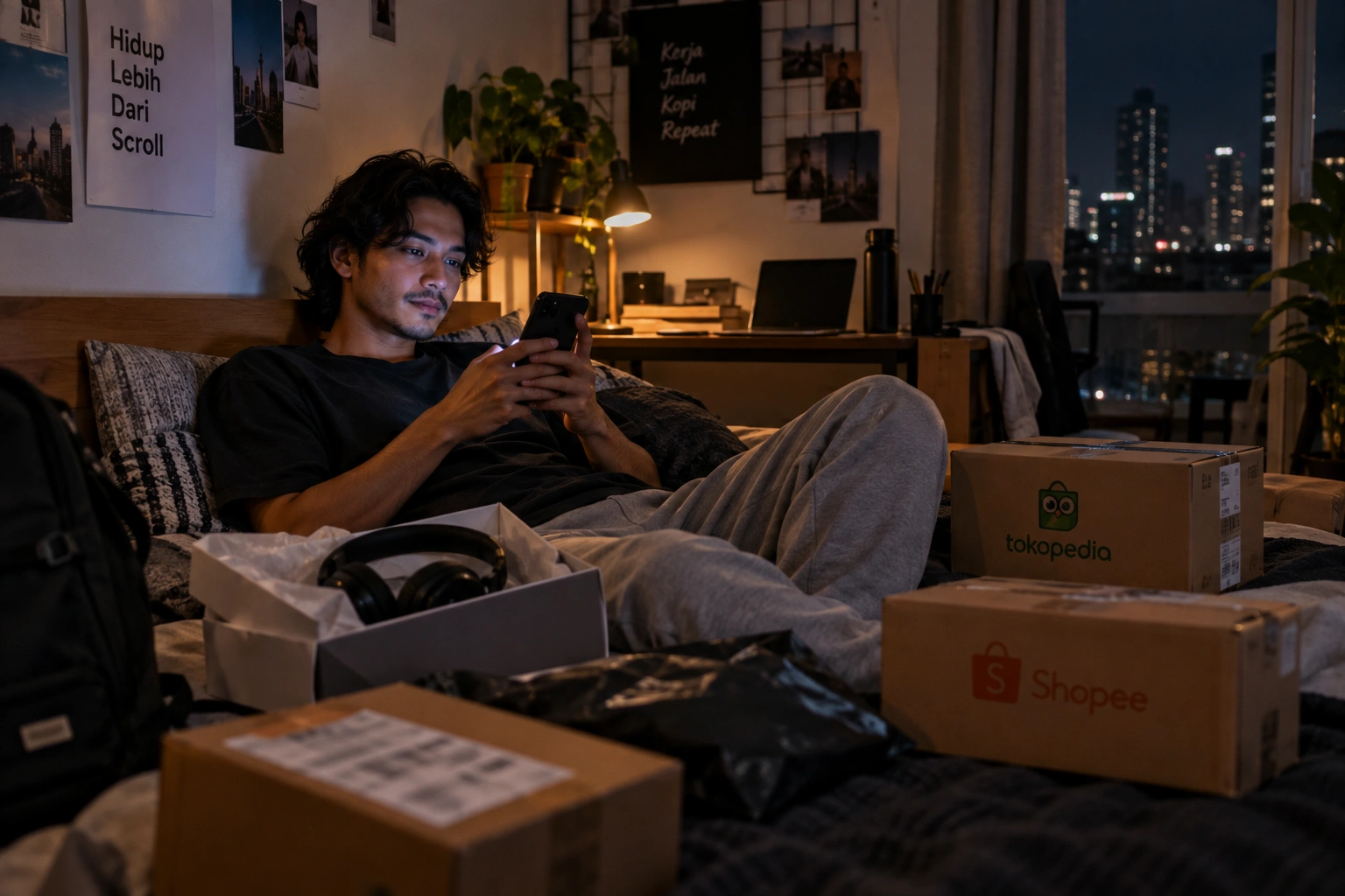 Seorang pria duduk santai di kamar pada malam hari sambil berbelanja lewat smartphone, dikelilingi paket belanja online dan headset.