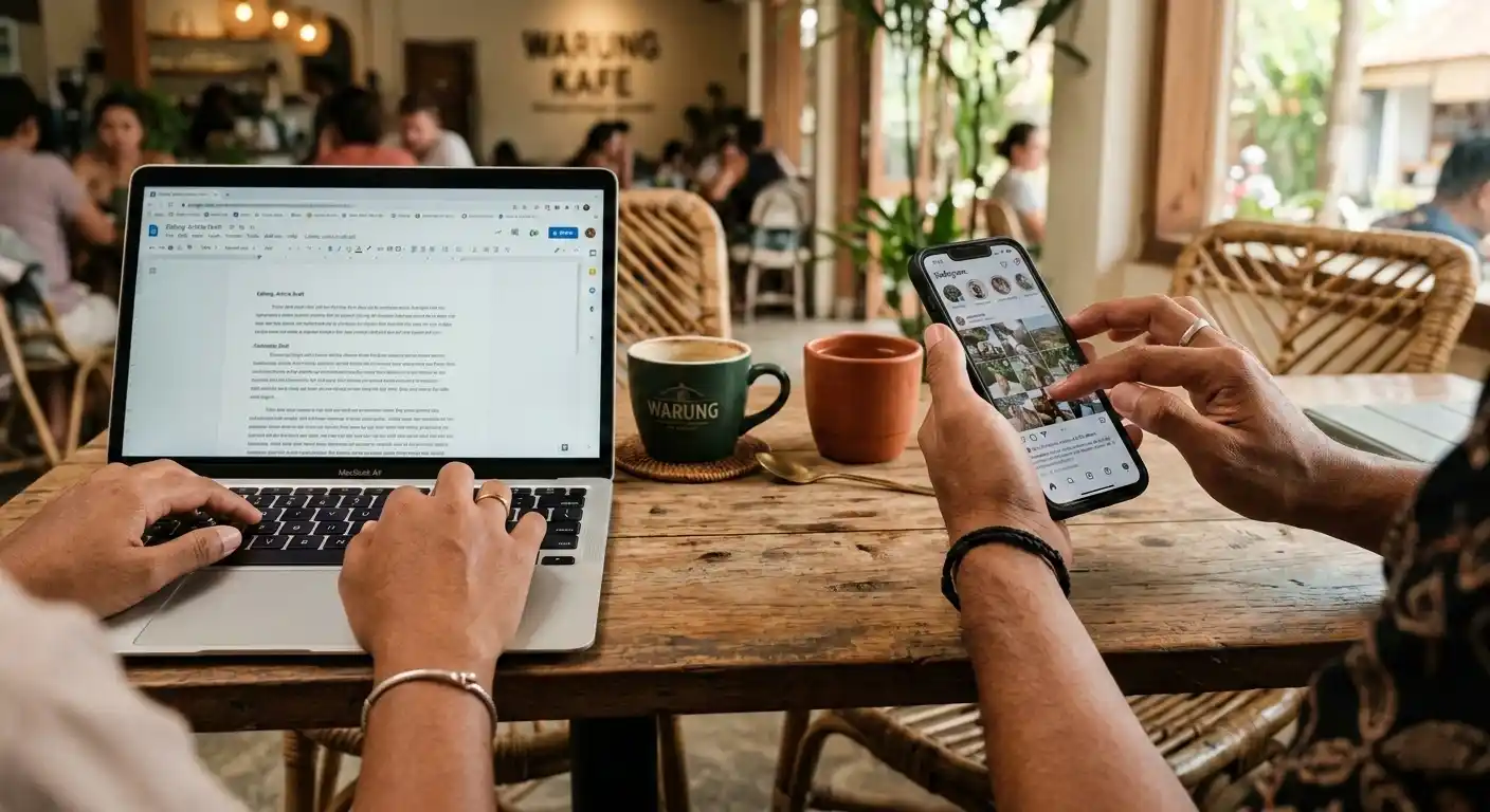 Dua orang duduk berdampingan di kafe, terlihat dari tangan saat menggunakan laptop dan smartphone.
