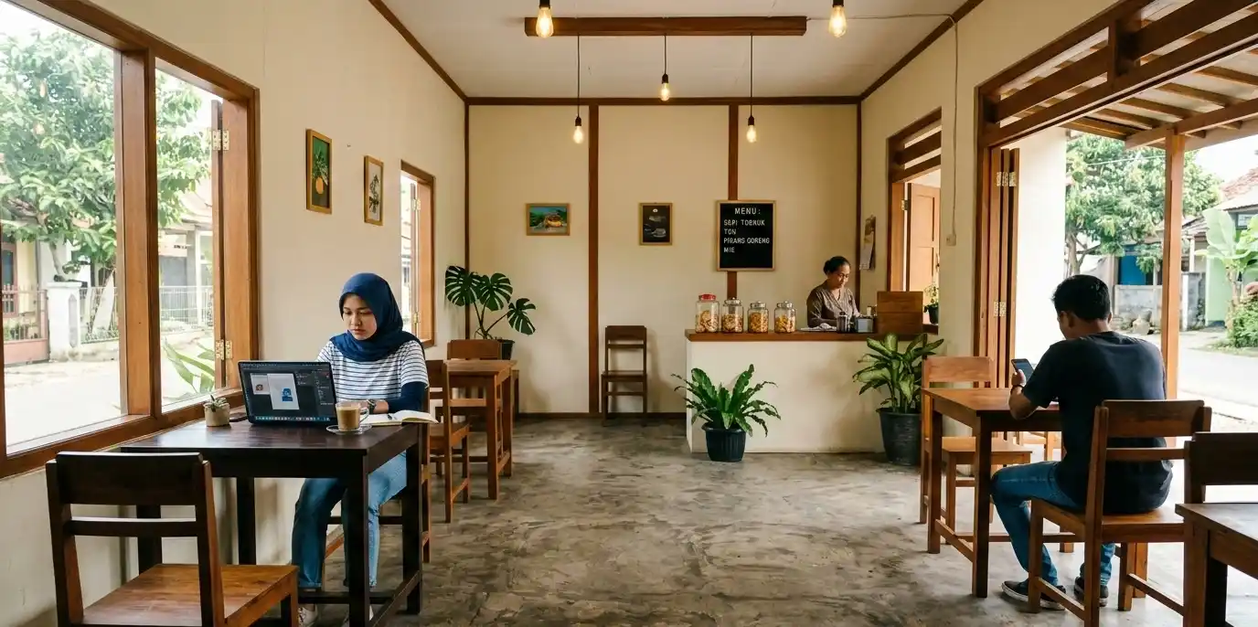 Dua orang duduk terpisah di sebuah kafe di Indonesia, masing-masing fokus pada aktivitas sendiri.