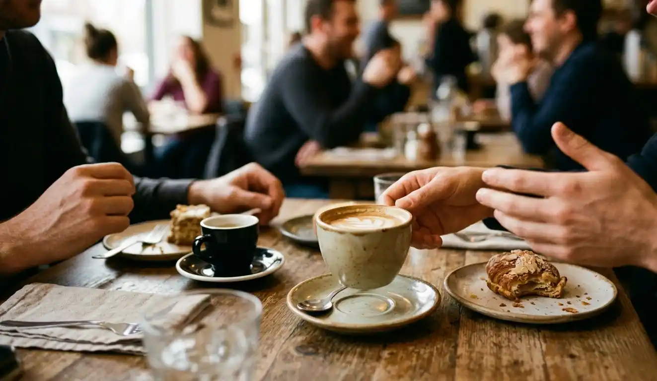 Close-up of café table with coffee cups and blurred people in background.
