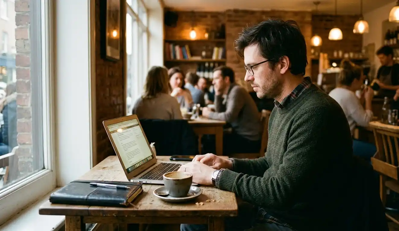 Person working on laptop in café with warm light and blurred background.