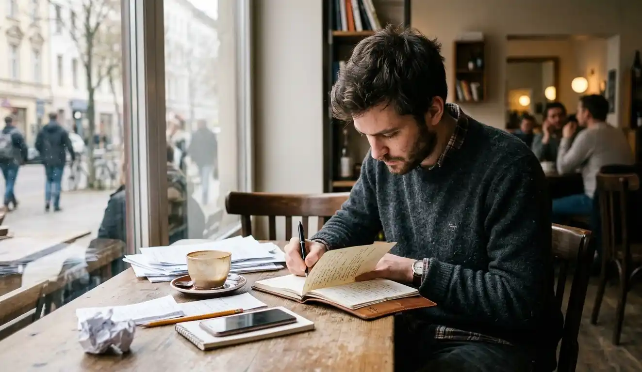 Man writing in notebook at café table with coffee and natural light.