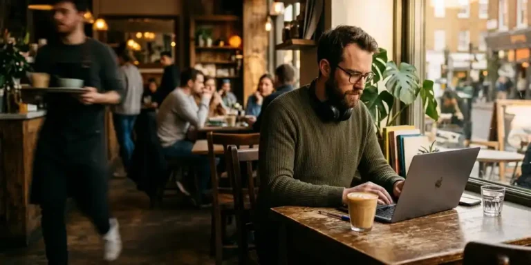 Man working on laptop in a cosy café with warm light and blurred background.