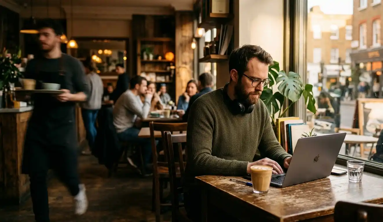 Man working on laptop in a cosy café with warm light and blurred background.