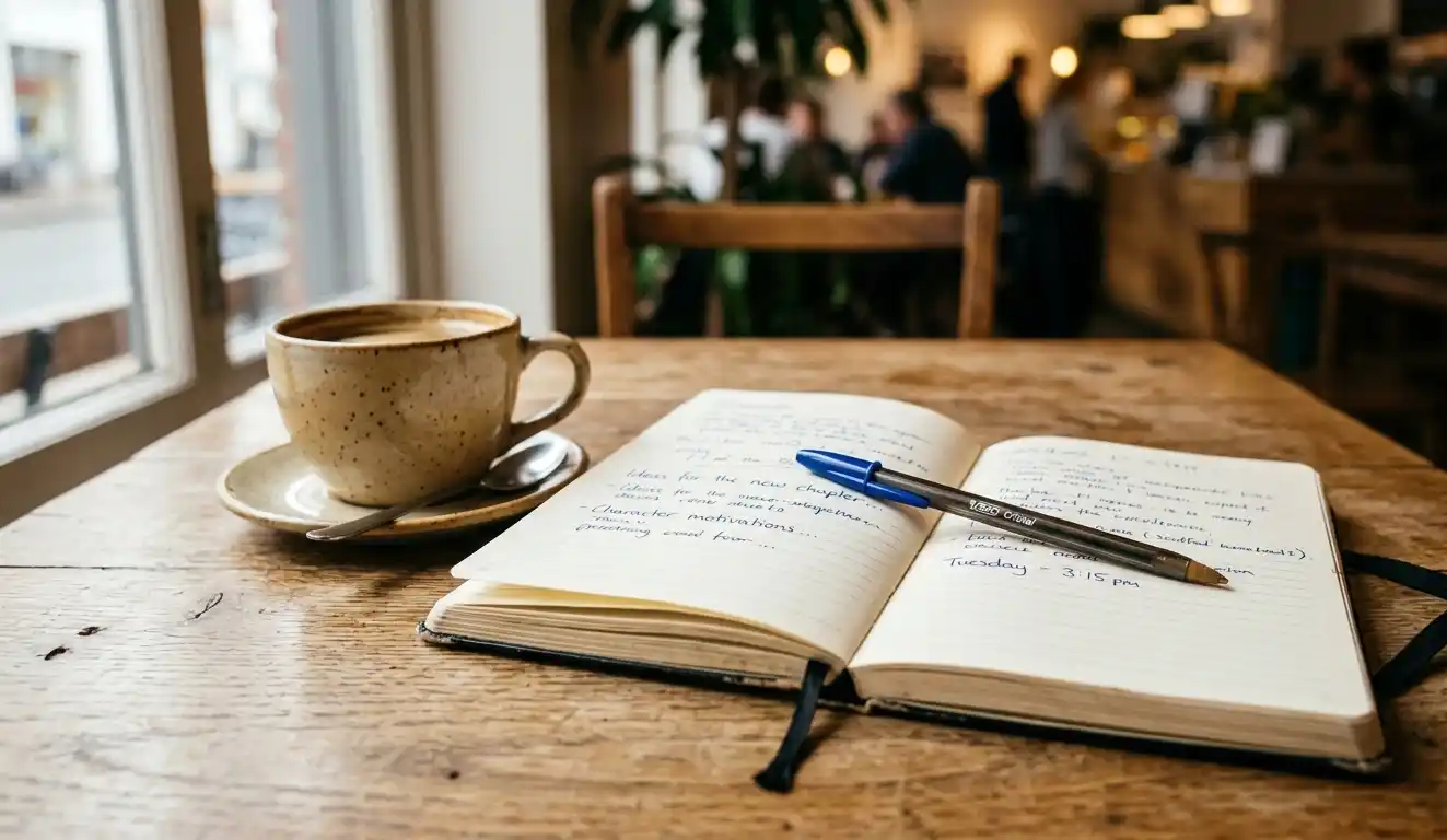 Notebook and coffee on a café table with soft natural light and blurred background